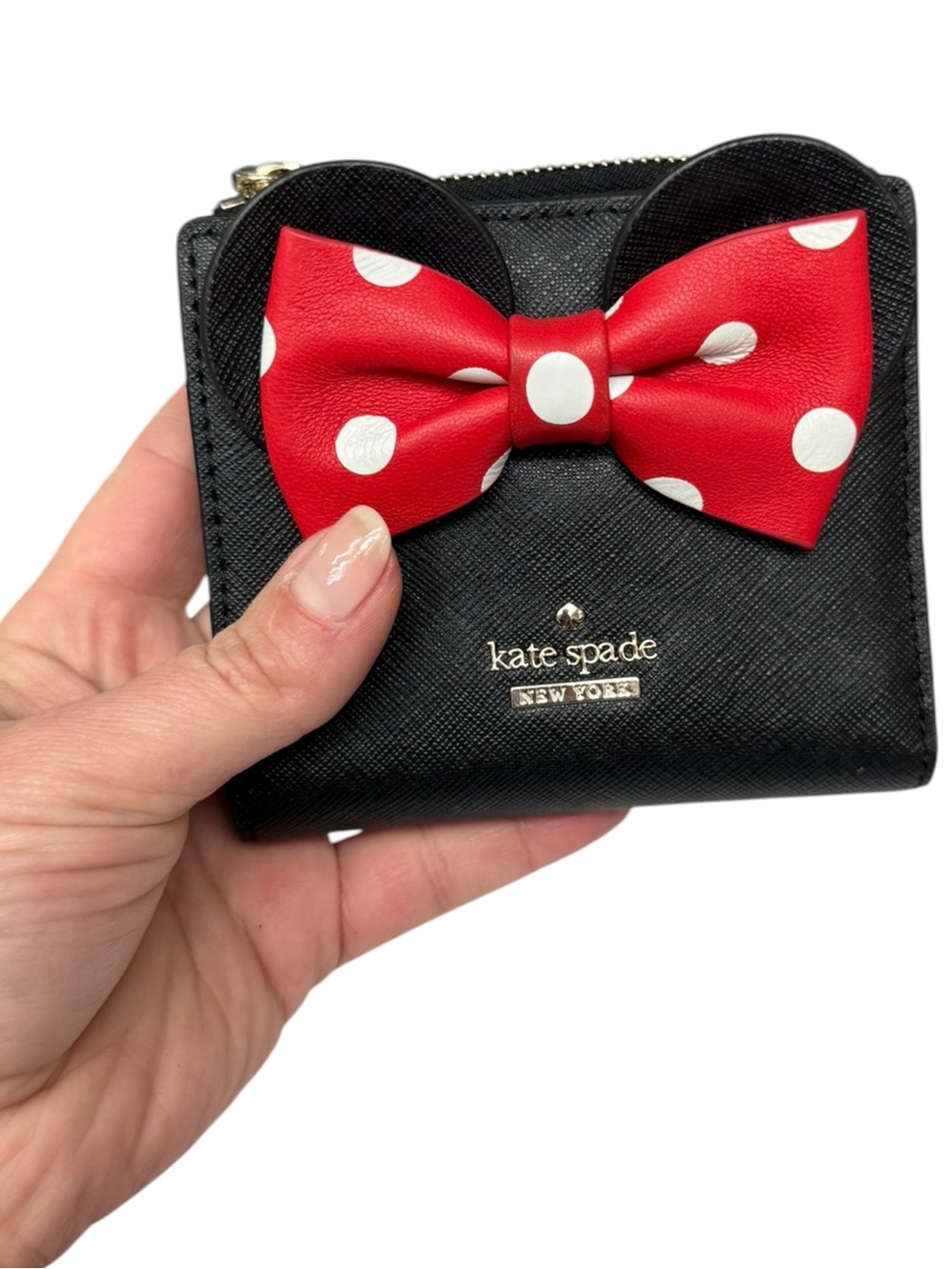 Kate Spade Disney Minnie Mouse Bow Wallet Black Red Polka Dot Compact Wallet